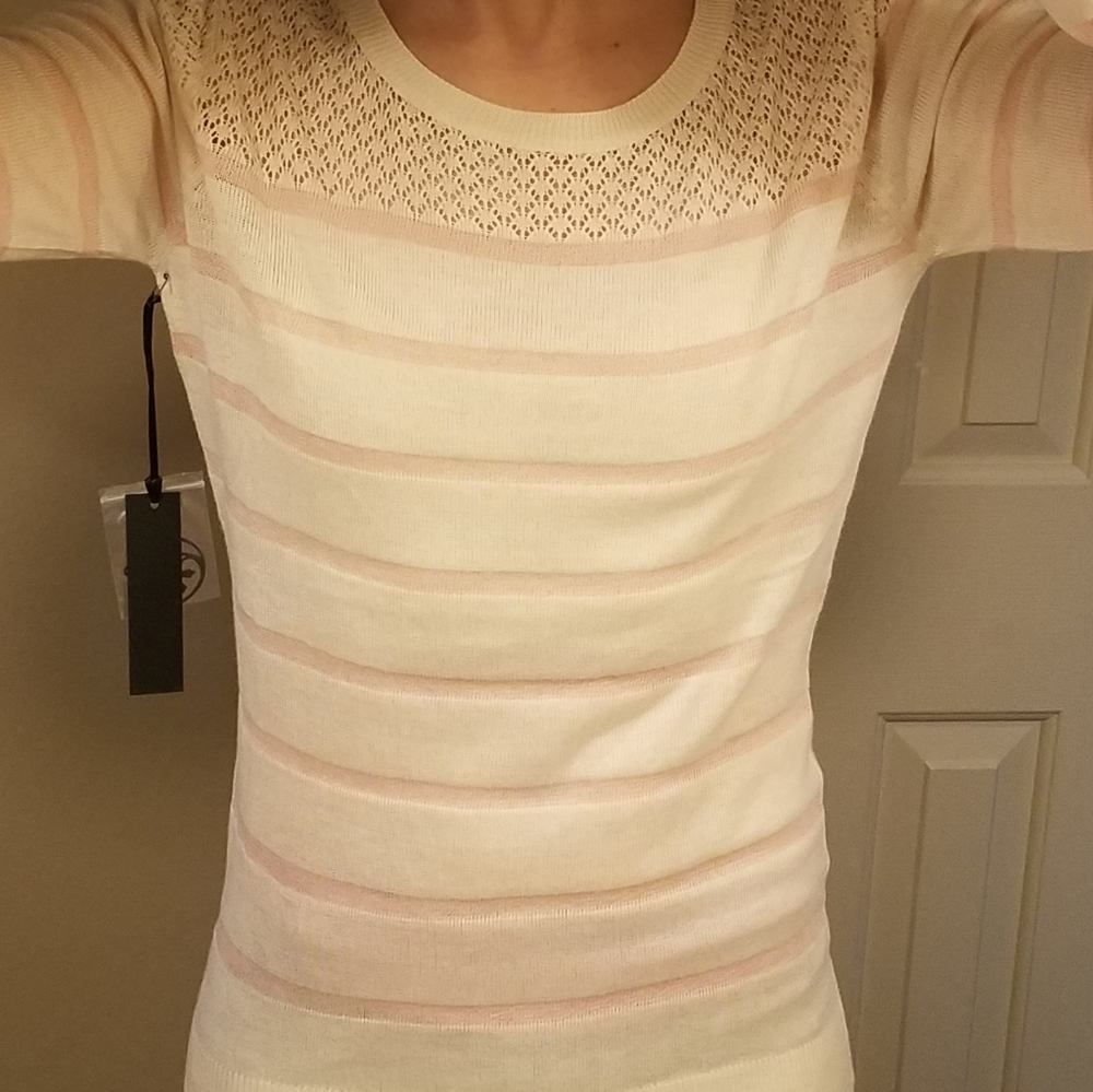 Poof Apparel Cream Pale Pink Stripe Thin Sweater